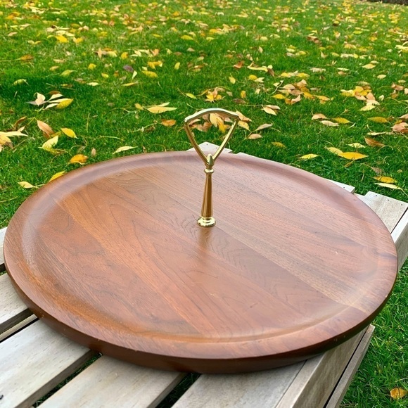Mid Century Walnut Round Wood Tray - Picture 1 of 7